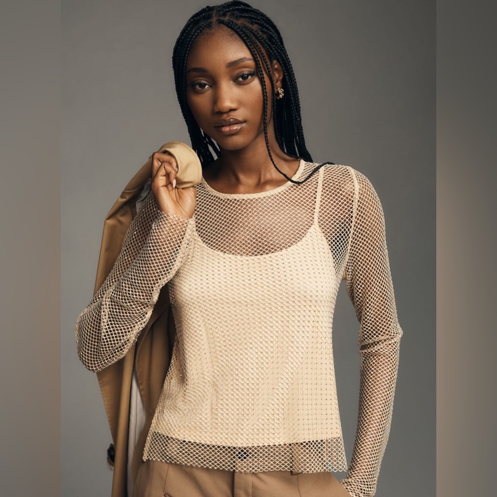 Anthropologie Sunday in Brooklyn Mesh Sparkle Top in Sand Beige